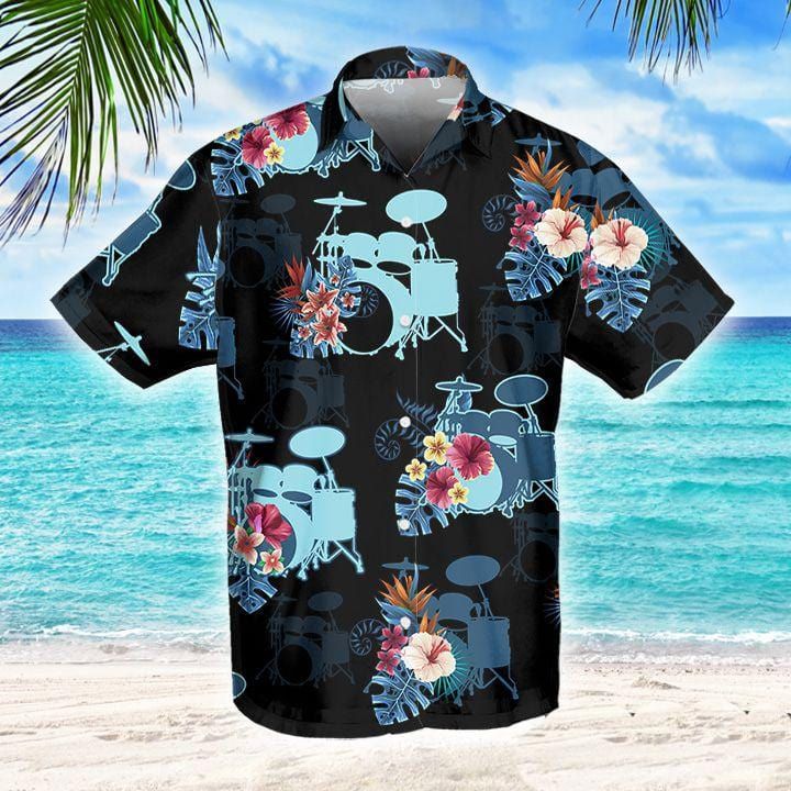 Felacia [Hawaii Shirt] Awesome Drum Tropical Blue Black Unisex Hawaiian Aloha Shirts-ZX2469